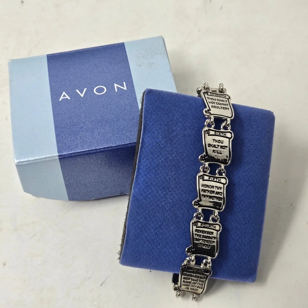Avon Ten Commandments Bracelet Silvertone Scroll Link Religious Vintage Boxed